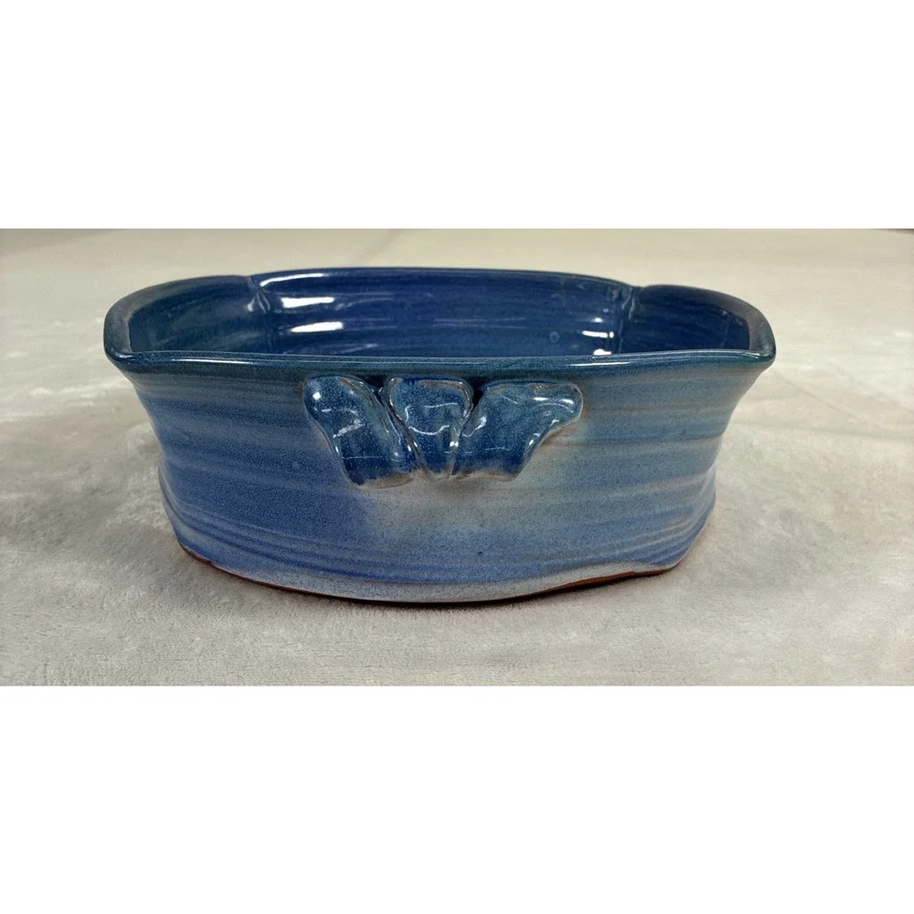 VTG Signed Studio Art Pottery Two Handled Decorative Bowl Blue Glaze 9